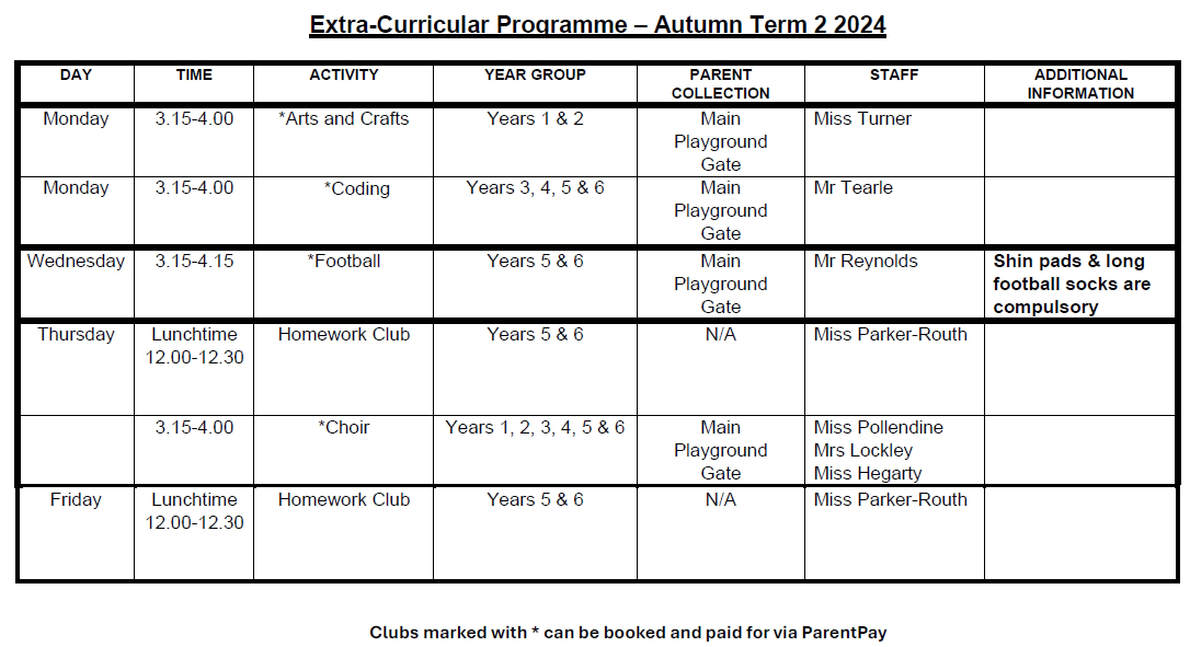 AUtumn2 Clubs Time Table